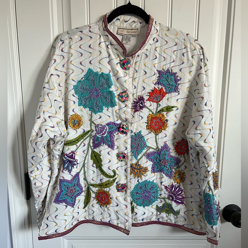Vintage Floral Embroidered and Beaded Silk Jacket with Wooden Buttons